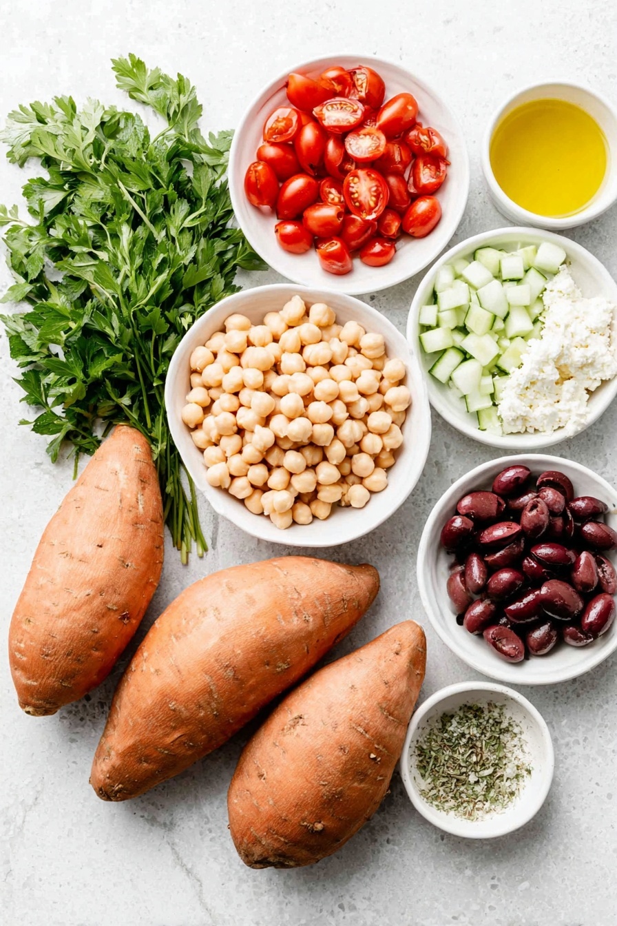 Mediterranean Stuffed Sweet Potatoes, Healthy Mediterranean Sweet Potato Meals, Easy Stuffed Sweet Potatoes Recipe, Vegetarian Mediterranean Dinner, Nutritious Sweet Potato Filling - Flat lay of four medium whole sweet potatoes with smooth orange skin, a small mound of halved bright red cherry tomatoes, diced vibrant green cucumber, finely diced pale purple-red onion, a few sprigs of fresh green parsley, some chopped fresh mint leaves, a small heap of light beige rinsed chickpeas, sliced deep purple Kalamata olives, crumbled white feta cheese, a small white ceramic bowl with golden extra virgin olive oil, another small white bowl with pale yellow lemon juice, and a third small white bowl containing minced white garlic and dried oregano sprinkled on top, all perfectly arranged with natural light highlighting their fresh textures and colors, placed on a clean white marble surface, soft natural light, photo taken with an iPhone, professional food photography style, fresh ingredients, white ceramic bowls, no bottles, no duplicates, no utensils, no packaging --ar 2:3 --v 7 --p m7354615311229779997