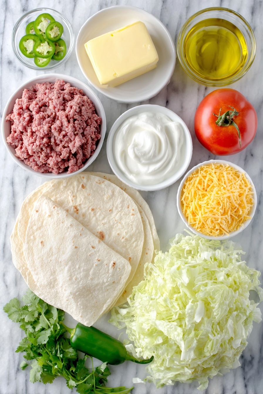 Keto Beef Crunchwraps, low-carb crunchwraps, keto Tex-Mex dinner, keto beef wraps, low-carb crunch wraps recipe - Flat lay of two tablespoons of unsalted butter, a small block of cream cheese, a small white bowl of heavy whipping cream, a small white bowl of shredded sharp cheddar cheese, a portion of raw ground beef, a small white bowl of taco seasoning powder, four whole low-carb tortillas stacked, a small white bowl of sour cream, a pile of shredded iceberg lettuce, one medium ripe tomato sliced in half, a small white bowl of extra shredded cheddar cheese, a small bunch of fresh cilantro sprigs, a small white bowl of sliced fresh jalapeños, and a small white bowl of olive oil, all arranged with perfect symmetry and balanced proportions, placed on a clean white marble surface, soft natural light, photo taken with an iPhone, professional food photography style, fresh ingredients, white ceramic bowls, no bottles, no duplicates, no utensils, no packaging --ar 2:3 --v 7 --p m7354615311229779997