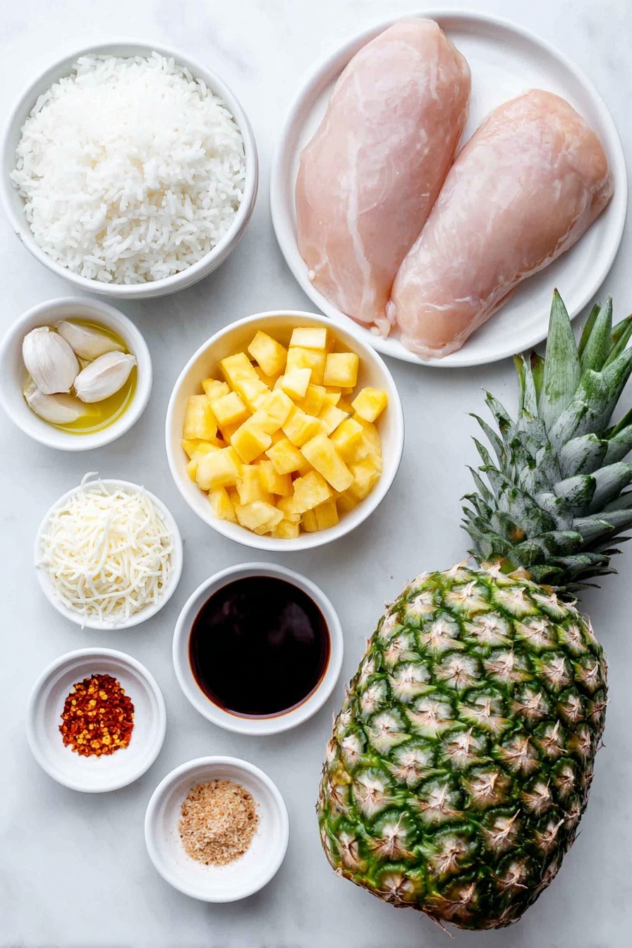 Teriyaki Pineapple Chicken Stuffed Peppers, stuffed peppers with chicken and pineapple, healthy stuffed peppers recipes, quick dinner ideas with teriyaki, tropical chicken stuffed peppers - Flat lay of fresh boneless, skinless chicken breasts, a small mound of cooked white rice on a simple white ceramic plate, a small white bowl filled with bright yellow diced fresh pineapple, a small white bowl holding deep brown teriyaki sauce, two glossy cloves of garlic, a small white bowl with golden olive oil, a small heap of pale beige ground ginger powder, a small pile of red pepper flakes, four vibrant large whole bell peppers with tops cut off and seeds removed, a small white bowl containing shredded mozzarella cheese, all ingredients arranged with perfect symmetry and balanced proportions, placed on a clean white marble surface, soft natural light, photo taken with an iPhone, professional food photography style, fresh ingredients, white ceramic bowls, no bottles, no duplicates, no utensils, no packaging --ar 2:3 --v 7 --p m7354615311229779997