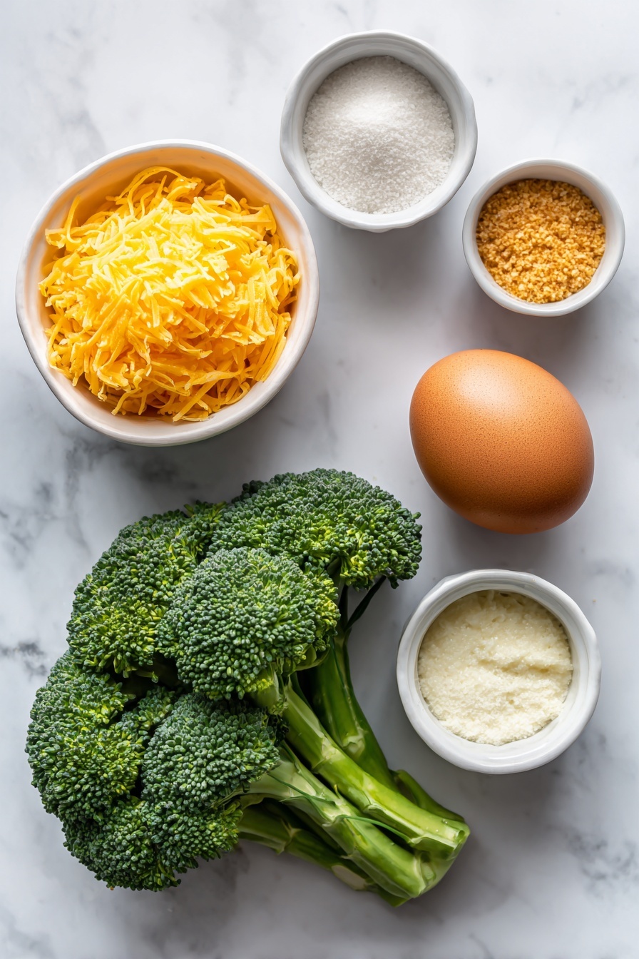 Broccoli Cheese Muffin Cups, healthy snacks with broccoli and cheese, quick muffin cup recipes, easy vegetable muffin cups, cheesy broccoli breakfast bites - Flat lay of fresh green broccoli florets, one large whole brown egg with clean shell, a small white ceramic bowl filled with bright orange shredded cheddar cheese, a small white bowl containing finely crushed Ritz crackers, and a small white bowl with garlic powder and salt side by side, all arranged symmetrically on a clean white marble surface, soft natural light, photo taken with an iPhone, professional food photography style, fresh ingredients, white ceramic bowls, no bottles, no duplicates, no utensils, no packaging --ar 2:3 --v 7 --p m7354615311229779997