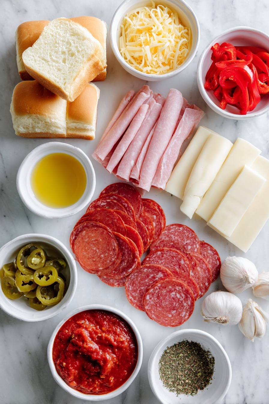 Italian Sub Sliders, Italian Sub Sandwiches, Italian Sliders Recipe, Party Snack Ideas, Easy Sandwich Party Pinwheels - Flat lay of a small stack of golden halved Hawaiian rolls, thinly sliced pink ham, folded red salami slices, round pepperoni slices with a rich red color, smooth white provolone cheese slices, a small white bowl of sliced green pepperoncini, a small white bowl of sliced bright red pickled hot cherry peppers, a small white bowl of melted golden butter, fresh garlic cloves whole and uncracked, a small white bowl of mixed Italian seasoning herbs, and a small white bowl of vibrant red marinara sauce, all arranged with perfect symmetry on a clean white marble surface, soft natural light, photo taken with an iPhone, professional food photography style, fresh ingredients, white ceramic bowls, no bottles, no duplicates, no utensils, no packaging --ar 2:3 --v 7 --p m7354615311229779997