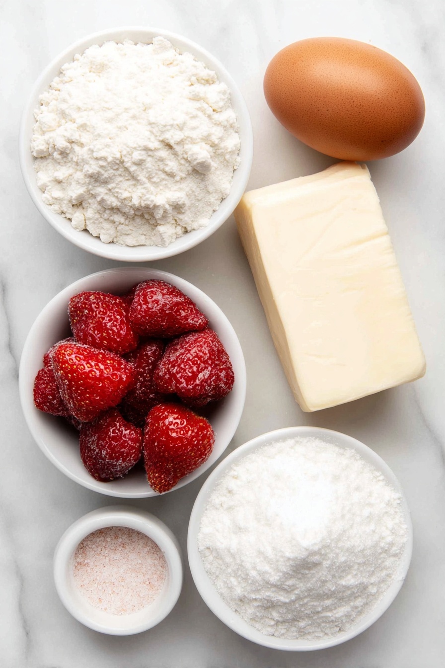 Strawberry Cookies with Freeze-Dried Fruit, strawberry cookie recipe, fruity cookie recipes, homemade strawberry cookies, freeze-dried strawberry desserts - Flat lay of a small heap of bright red freeze-dried strawberries, a thick slab of pale yellow unsalted butter, a small mound of white granulated sugar, a single large brown egg with a clean uncracked shell, a neat pile of white all-purpose flour, a tiny white ceramic bowl of fine pink strawberry powder, a tiny white ceramic bowl of fine white granulated sugar, a small pinch of salt crystals, a small pinch of baking soda, all arranged symmetrically on a clean white marble surface, soft natural light, photo taken with an iPhone, professional food photography style, fresh ingredients, white ceramic bowls, no bottles, no duplicates, no utensils, no packaging --ar 2:3 --v 7 --p m7354615311229779997