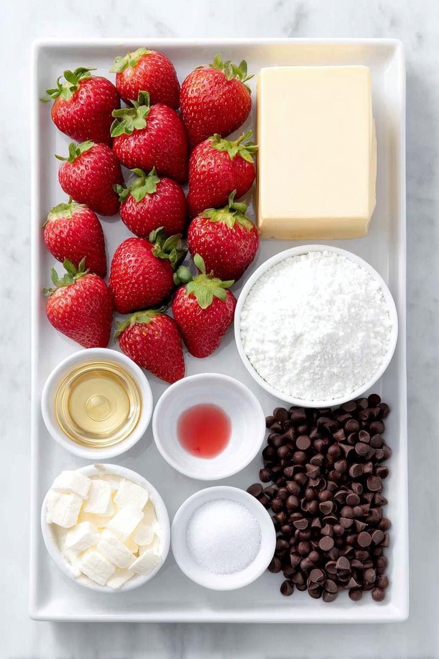 Strawberry Buttercream Candies, strawberry candies recipe, chocolate strawberry treats, fruity chocolate confections, homemade strawberry chocolates - Flat lay of fresh medium-sized strawberries with tops removed, a small white bowl of granulated sugar, a stick of salted butter, a block of cream cheese, a small white bowl with clear vanilla extract, a small white bowl filled with powdered sugar, a small white bowl containing cornstarch, a drop of pink/red food coloring on a white ceramic spoon rest (to show the color without utensils), a pile of dark chocolate melts, and a small white bowl of coarse sugar, all arranged in perfect symmetry on a simple white ceramic platter, placed on a clean white marble surface, soft natural light, photo taken with an iPhone, professional food photography style, fresh ingredients, white ceramic bowls, no bottles, no duplicates, no utensils, no packaging --ar 2:3 --v 7 --p m7354615311229779997