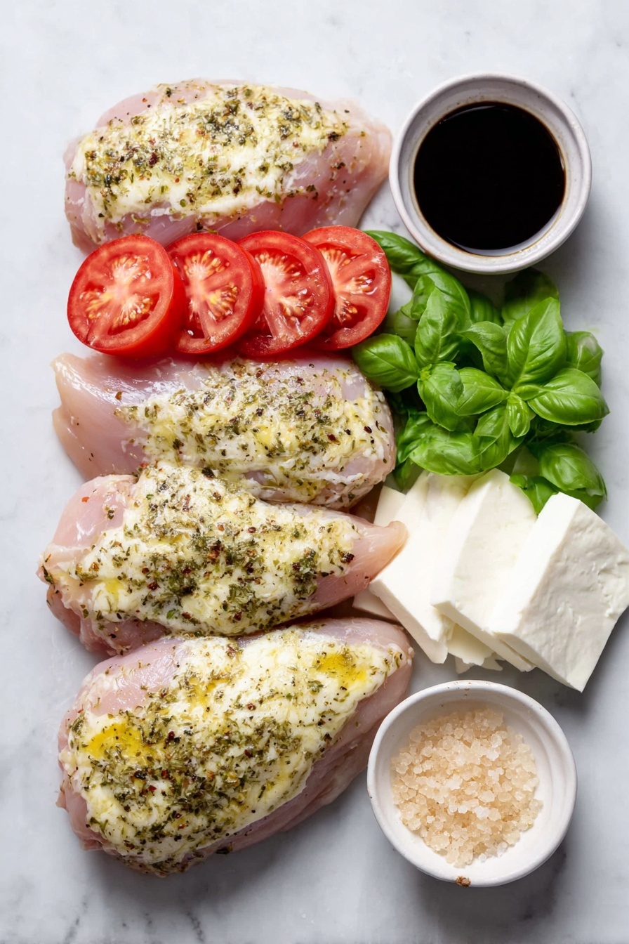 Grilled Chicken Caprese with Balsamic Glaze, Caprese chicken dinner, easy grilled chicken recipes, summer chicken skewers, flavorful chicken recipes - Flat lay of four raw chicken breasts seasoned with Italian seasoning, garlic powder, onion powder, salt, and pepper, four slices of fresh mozzarella cheese, four ripe red tomato slices, a small pile of bright green sliced basil leaves, and two small white ceramic bowls—one with dark glossy balsamic reduction, the other with light brown sugar crystals—placed on a clean white marble surface, soft natural light, photo taken with an iPhone, professional food photography style, fresh ingredients, white ceramic bowls, no bottles, no duplicates, no utensils, no packaging --ar 2:3 --v 7 --p m7354615311229779997
