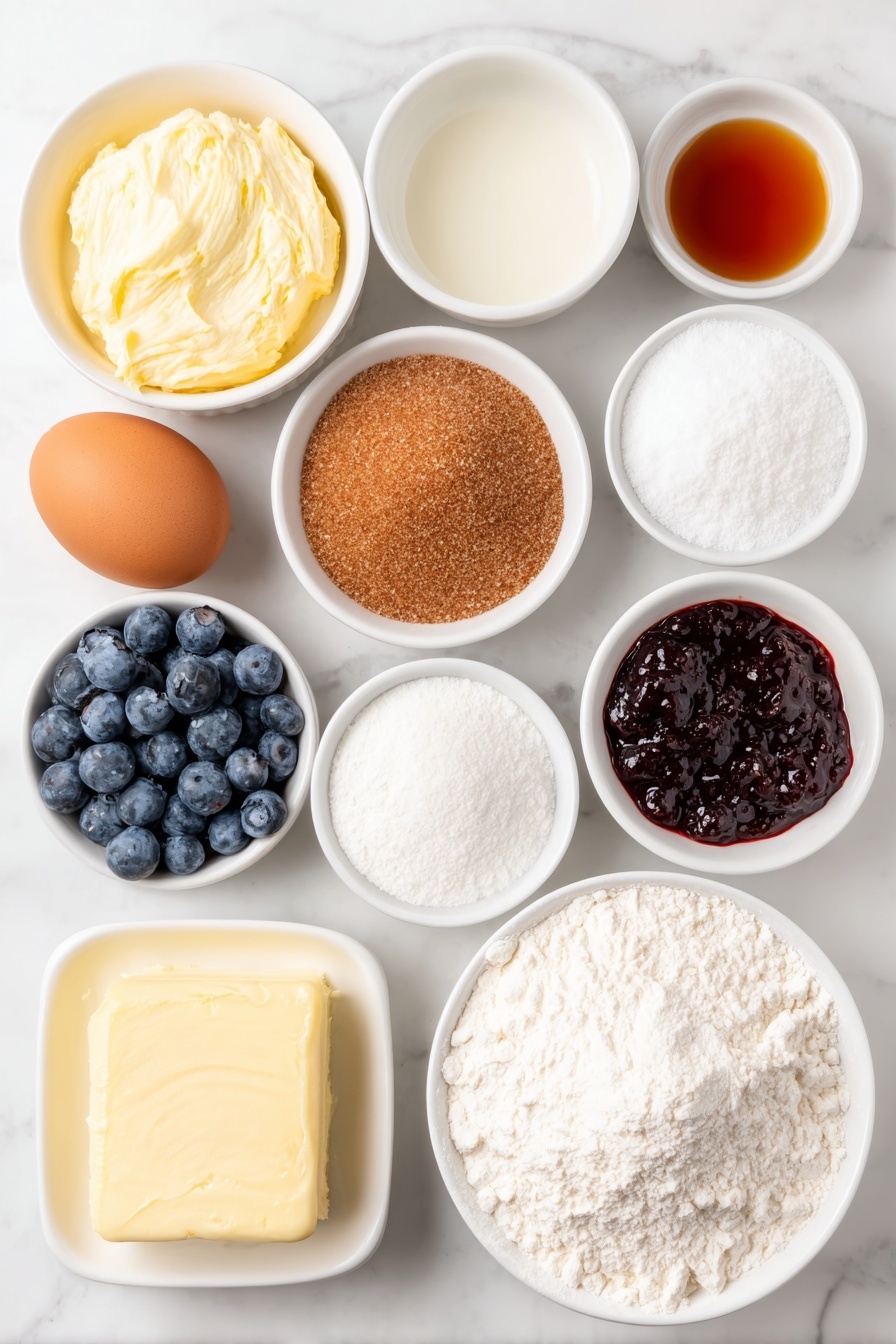Blueberry Muffin Cookies, blueberry muffin cookies recipe, fruity cookie recipes, easy blueberry cookies, homemade blueberry cookies - Flat lay of a small pile of softened pale yellow butter, a small white ceramic bowl with glossy white granulated sugar, a small white ceramic bowl with rich golden brown sugar, one whole uncracked large brown egg with a clean shell, a small white ceramic bowl filled with clear pale vanilla extract, a small white ceramic bowl holding fine off-white all purpose flour, a small white ceramic bowl containing fine white corn starch, a small white ceramic bowl with light beige baking powder, a small white ceramic bowl with fine off-white baking soda powder, a small white ceramic bowl with white salt crystals, a small cluster of plump fresh blue blueberries with a slight sheen, a small white ceramic bowl with shiny deep purple blueberry jam, a small white ceramic bowl of light golden yellow butter for the streusel, a small white ceramic bowl of brown sugar with visible soft grains, a small white ceramic bowl of white granulated sugar, a small white ceramic bowl with pale all purpose flour, a small white ceramic bowl with fine white salt, and a small white ceramic bowl with warm brown cinnamon powder — all ingredients arranged symmetrically and balanced, placed on a clean white marble surface, soft natural light, photo taken with an iPhone, professional food photography style, fresh ingredients, white ceramic bowls, no bottles, no duplicates, no utensils, no packaging --ar 2:3 --v 7 --p m7354615311229779997