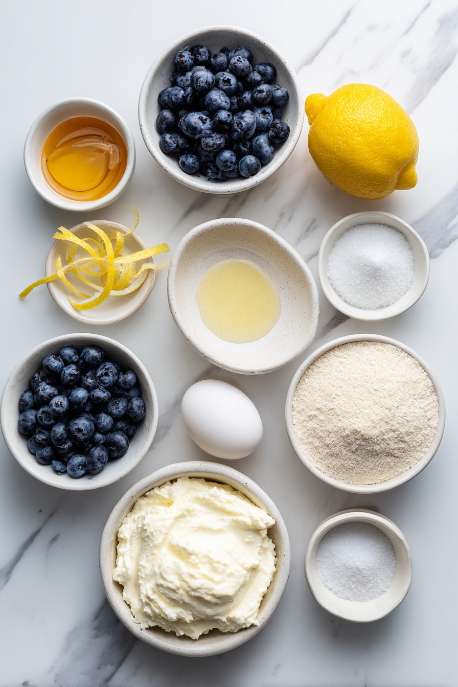 Lemon Blueberry Cottage Cheese Protein Bites, healthy snack ideas, high-protein snacks, easy energy bites, fruit and cottage cheese snacks - Flat lay of a small mound of creamy full-fat cottage cheese, a handful of fresh firm blueberries, a bright yellow lemon with a few thin strips of lemon zest, a drizzle of golden honey in a small white bowl, a small white bowl filled with light brown almond flour, a small white bowl holding fine white vanilla protein powder, a small white bowl of white cornstarch powder, one large whole egg with a clean shell, a small white bowl containing clear vanilla extract liquid, and a tiny pinch of coarse salt crystals all arranged in perfect symmetry on simple white ceramic dishes placed on a clean white marble surface, soft natural light, photo taken with an iPhone, professional food photography style, fresh ingredients, white ceramic bowls, no bottles, no duplicates, no utensils, no packaging --ar 2:3 --v 7 --p m7354615311229779997