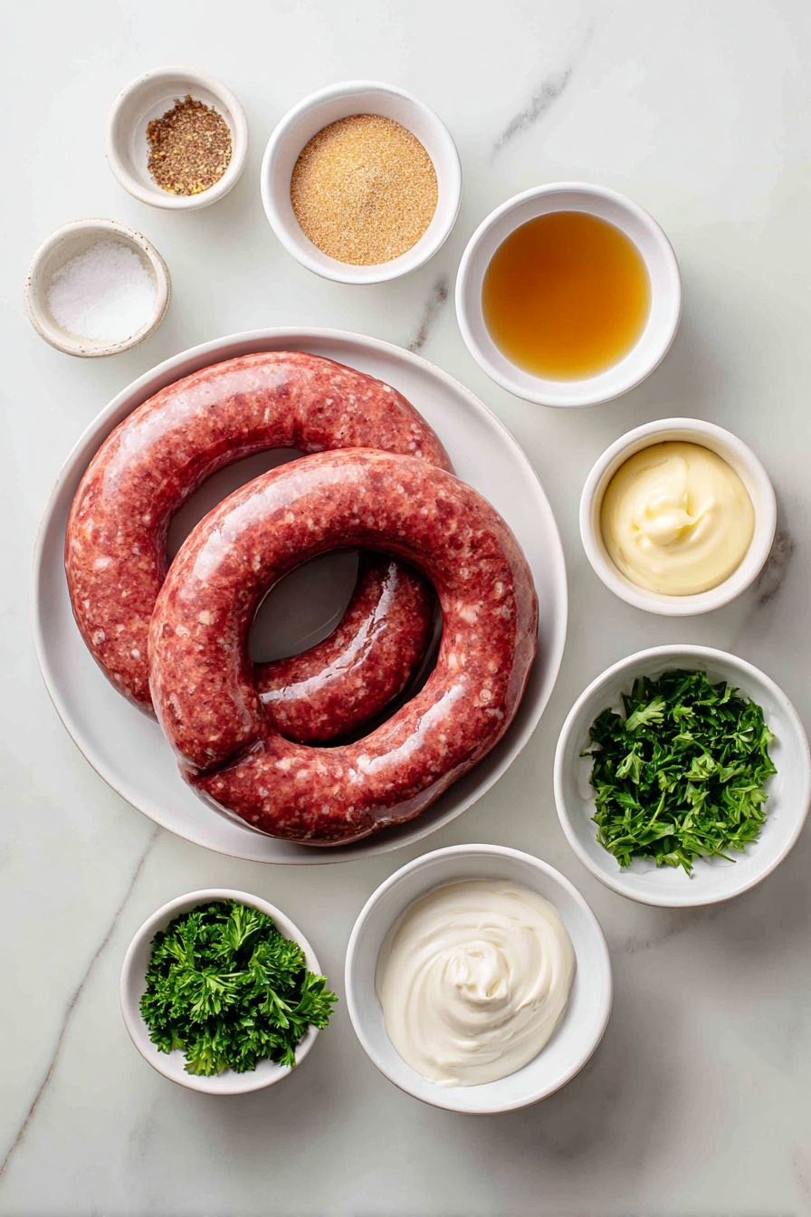 Mustard Kielbasa Bites, kielbasa appetizer recipes, easy party appetizers, savory snack ideas, quick 30-minute appetizers - Flat lay of two whole rings of fresh kielbasa sausage, a small white bowl of coarse ground Dijon mustard, a small white bowl of apple cider vinegar, a small white bowl of light brown sugar, a small white bowl with Worcestershire sauce, a small white bowl of creamy mayonnaise, and a few sprigs of vibrant green chopped parsley arranged symmetrically in simple white ceramic bowls and plates, placed on a clean white marble surface, soft natural light, photo taken with an iPhone, professional food photography style, fresh ingredients, white ceramic bowls, no bottles, no duplicates, no utensils, no packaging --ar 2:3 --v 7 --p m7354615311229779997