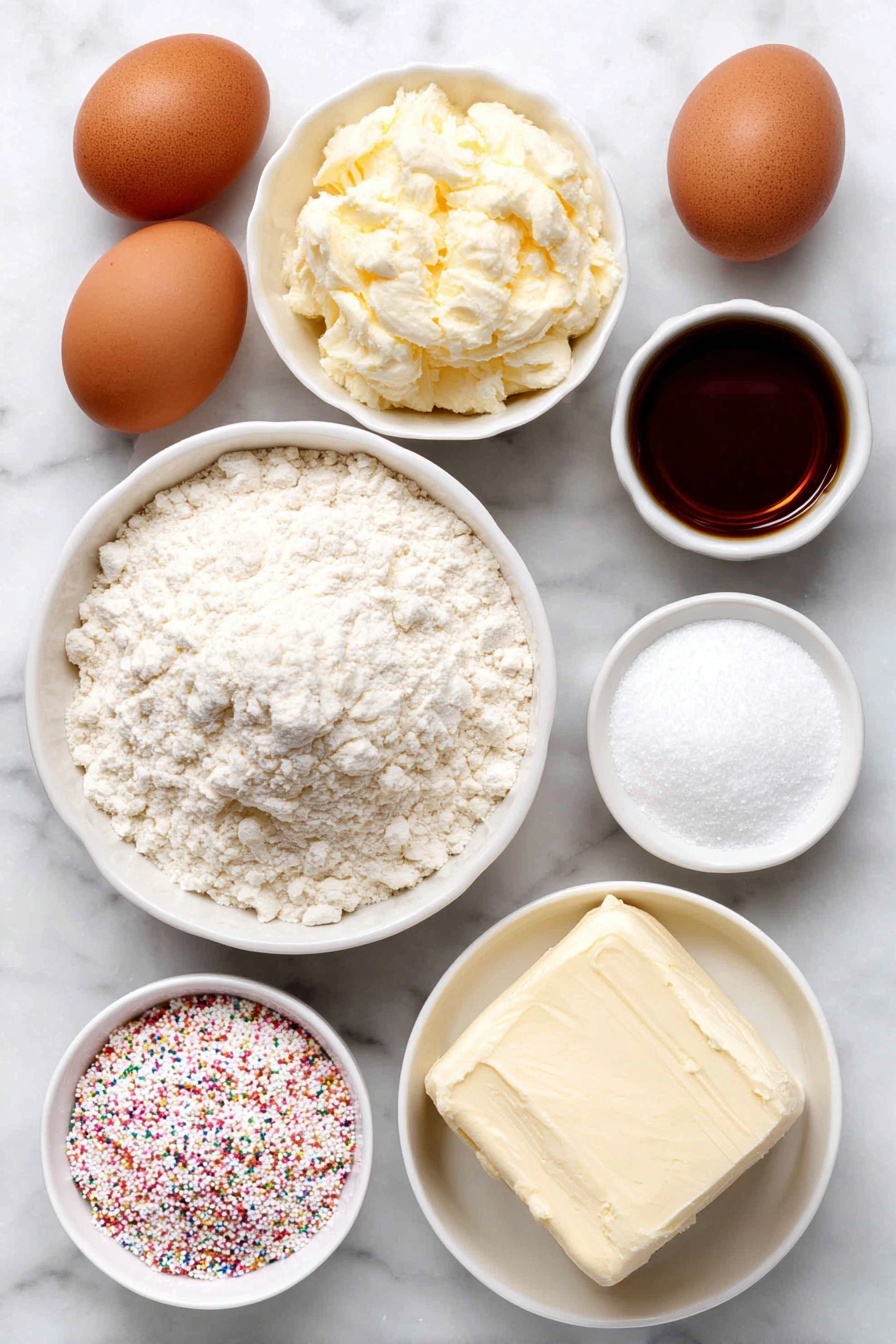 Birthday Cake Cookies with Cream Cheese Frosting, birthday cake cookie recipe, party treat cookies, festive birthday cookie idea, creamy frosting cookie recipe - Flat lay of a small mound of pale yellow unsalted butter softened, a simple white ceramic bowl filled with fine granulated sugar sparkling naturally, two whole brown eggs with clean shells, a small white bowl containing clear vanilla extract, a neat pile of soft white cake flour, a small white bowl with pure white cornstarch powder, a small white bowl holding fine baking powder, a small cluster of coarse white table salt, a small white bowl filled with smooth cream cheese block, a small white ceramic bowl of fine powdered sugar, and a small white bowl of tiny multicolored confetti crumbs, all arranged symmetrically on a clean white marble surface, soft natural light, photo taken with an iPhone, professional food photography style, fresh ingredients, white ceramic bowls, no bottles, no duplicates, no utensils, no packaging --ar 2:3 --v 7 --p m7354615311229779997