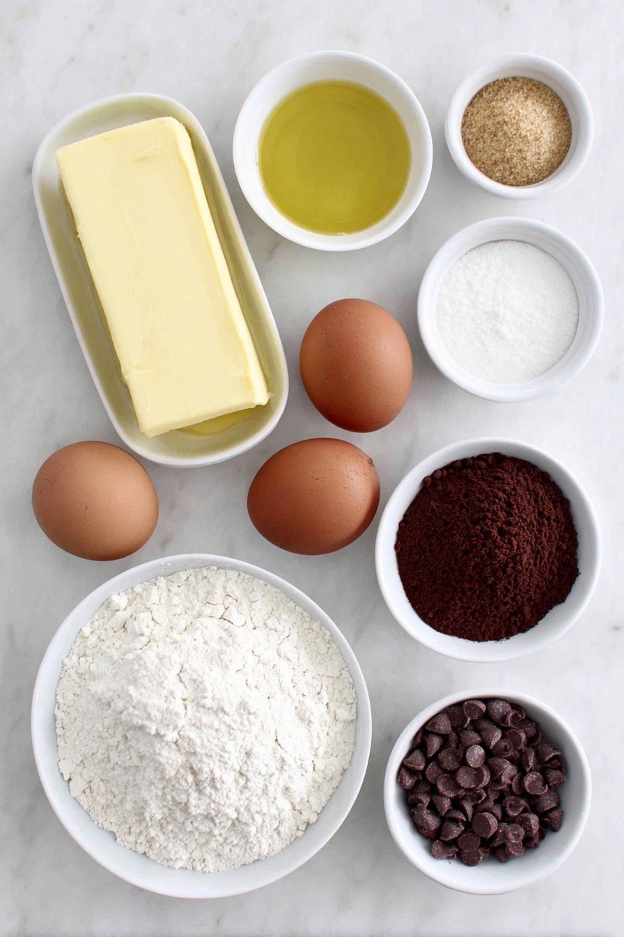 Devil’s Food Cookies with Ganache, chocolate cookies with ganache, decadent chocolate cookie recipe, homemade chocolate dessert, easy chocolate treats - Flat lay of a smooth block of unsalted butter, a small mound of light brown sugar, a small mound of granulated sugar, a small white bowl filled with pale golden cooking oil, two whole brown eggs with clean shells, a small white bowl with clear vanilla extract, a neat pile of fine cake flour, a small heap of dark Dutch cocoa powder, a few small white ceramic bowls each holding baking powder, baking soda, and table salt, a small white bowl of powdered sugar, a small pile of glossy semisweet chocolate chips, a small white bowl filled with heavy cream placed on a clean white marble surface, soft natural light, photo taken with an iPhone, professional food photography style, fresh ingredients, white ceramic bowls, no bottles, no duplicates, no utensils, no packaging --ar 2:3 --v 7 --p m7354615311229779997