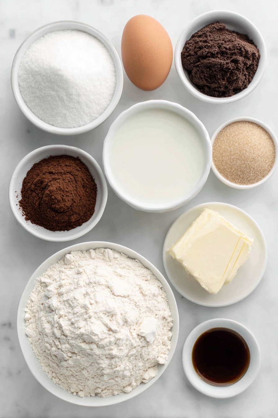 Red Velvet Cupcakes with Ermine Frosting, red velvet cupcake recipe, homemade red velvet cupcakes, fluffy ermine frosting, best red velvet cupcakes - Flat lay of a small mound of all-purpose flour, a heap of granulated sugar, a small pile of light brown sugar, a few tablespoons of natural cocoa powder neatly arranged, one large brown egg with a clean shell, a small white bowl filled with whole milk, a small white bowl containing white vinegar, a small white bowl with vivid red gel food coloring, a small white bowl of melted unsalted butter, a small white bowl of neutral cooking oil, and a tiny white bowl with amber vanilla extract, all placed in perfect symmetry on simple white ceramic dishes, placed on a clean white marble surface, soft natural light, photo taken with an iPhone, professional food photography style, fresh ingredients, white ceramic bowls, no bottles, no duplicates, no utensils, no packaging --ar 2:3 --v 7 --p m7354615311229779997