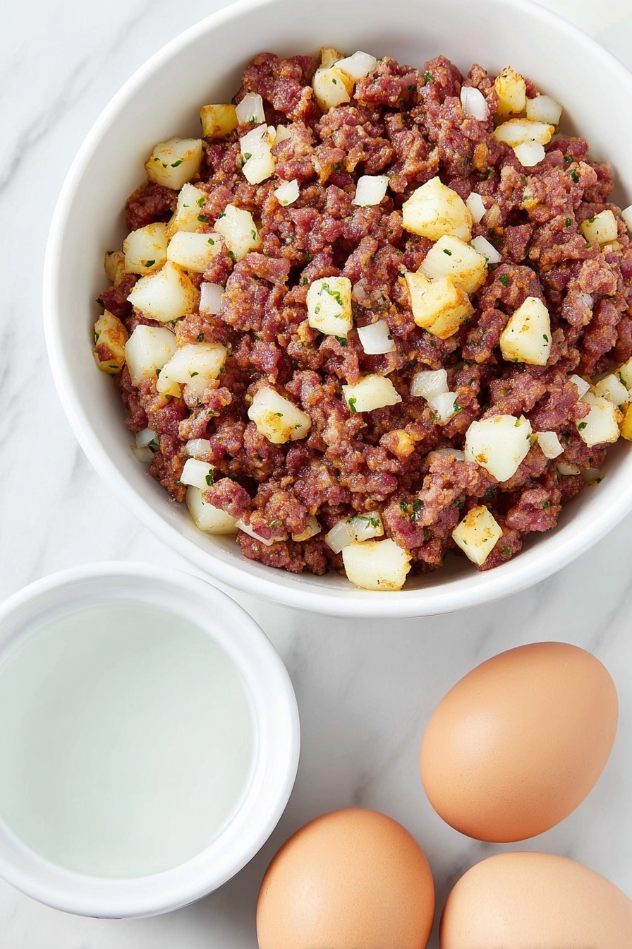 Crispy Corned Beef Hash with Poached Eggs, corned beef hash breakfast, easy brunch recipes, savory breakfast ideas, crispy hash recipes - Flat lay of a mound of fresh corned beef hash with visible diced beef and potatoes, four whole brown eggs with clean shells arranged symmetrically around the hash, a small white ceramic bowl filled with clear water, all placed on a clean white marble surface, soft natural light, photo taken with an iPhone, professional food photography style, fresh ingredients, white ceramic bowls, no bottles, no duplicates, no utensils, no packaging --ar 2:3 --v 7 --p m7354615311229779997
