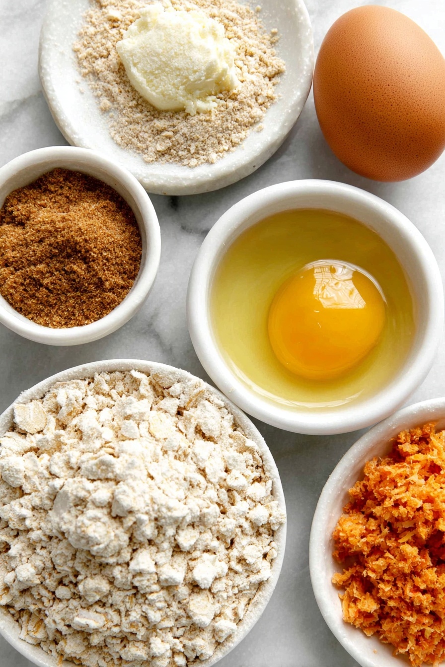 Healthy Carrot Oatmeal Cookies, healthy oatmeal cookie recipes, nutritious carrot cookies, easy healthy snack recipes, wholesome carrot cookies - Flat lay of a small heap of instant oats, a small mound of whole wheat flour, a tiny pile of ground cinnamon, a pinch of salt grains, a small mound of baking powder, a few tablespoons of melted coconut oil in a small white ceramic bowl, one large whole uncracked brown egg, a small white ceramic bowl with pure maple syrup, a small white ceramic bowl with vanilla extract, and a small pile of freshly grated bright orange carrots, all arranged symmetrically on a clean white marble surface, soft natural light, photo taken with an iPhone, professional food photography style, fresh ingredients, white ceramic bowls, no bottles, no duplicates, no utensils, no packaging --ar 2:3 --v 7 --p m7354615311229779997