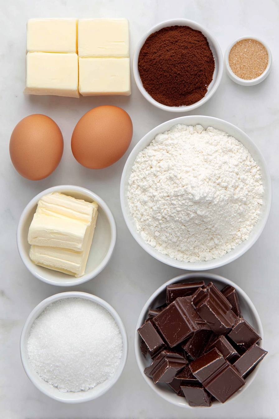 Espresso Chocolate Chip Cookies, coffee chocolate cookie recipe, best espresso cookies, chocolate chip espresso cookies, easy coffee cookie recipe - Flat lay of a few small cubes of unsalted butter, a small white bowl of finely ground espresso, a small white bowl of light brown sugar, a small white bowl of granulated sugar, one whole uncracked large brown egg, one whole uncracked large egg yolk with shell intact, a small white bowl of vanilla extract, a small mound of all-purpose flour, a small white bowl of baking soda powder, a small white bowl of fine salt, and a small white bowl filled with chopped semi-sweet chocolate chunks, all arranged symmetrically on a clean white marble surface, soft natural light, photo taken with an iPhone, professional food photography style, fresh ingredients, white ceramic bowls, no bottles, no duplicates, no utensils, no packaging --ar 2:3 --v 7 --p m7354615311229779997