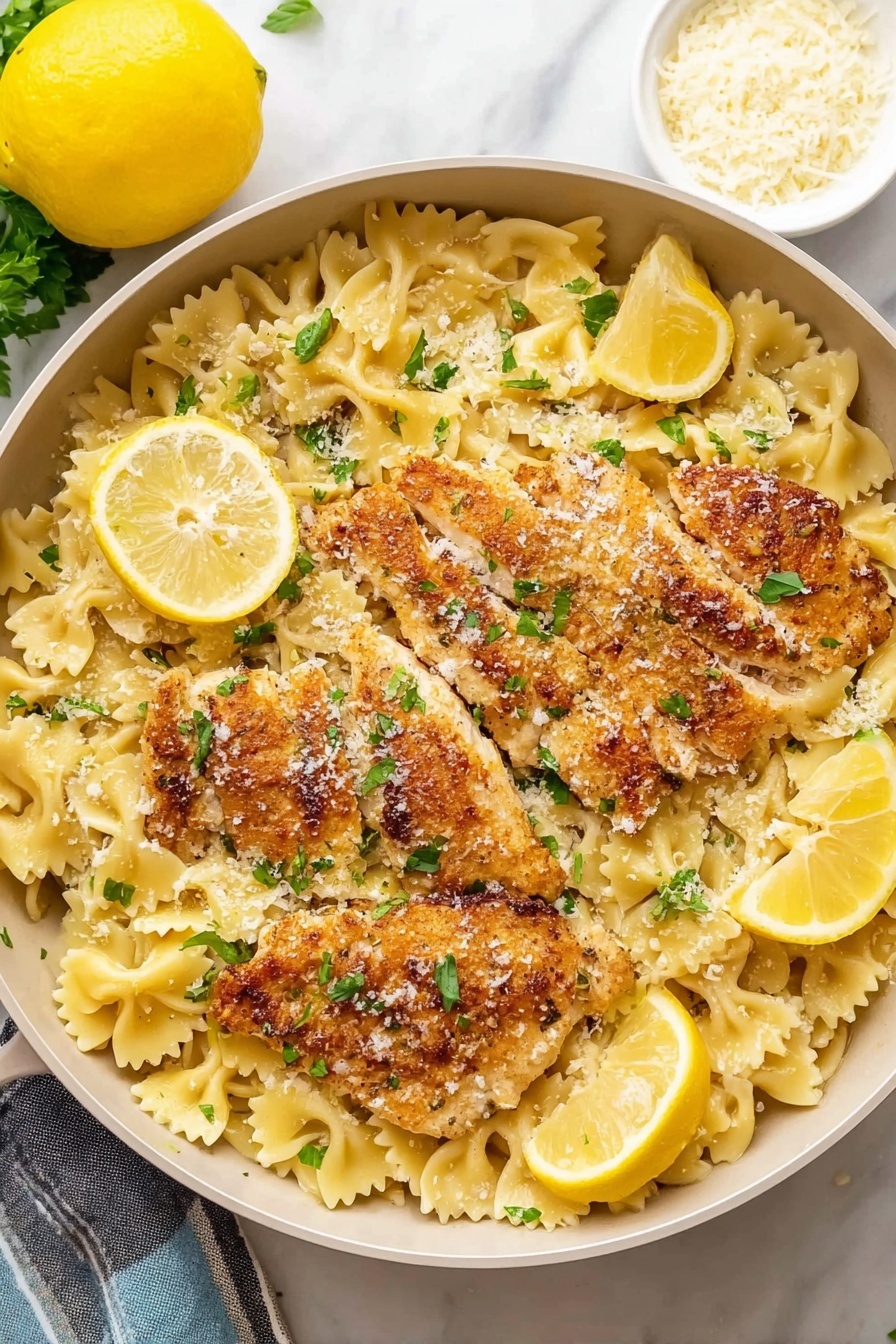 Lemon Chicken Pasta, lemon chicken pasta, lemon chicken pasta dinner, easy lemon chicken pasta, quick lemon chicken pasta recipe - A round white pan filled with three golden brown cooked fillets placed on a bed of light yellow farfalle pasta. The pasta has a soft texture and is mixed with small green parsley leaves sprinkled evenly throughout. Around the fillets and pasta, there are quartered lemon wedges adding bright yellow pops of color. The dish is lightly dusted with finely grated parmesan, giving a speckled white texture on top. The pan sits on a white marbled surface, with a whole lemon and a white bowl with grated cheese partially visible in the background. photo taken with an iphone --ar 2:3 --v 7