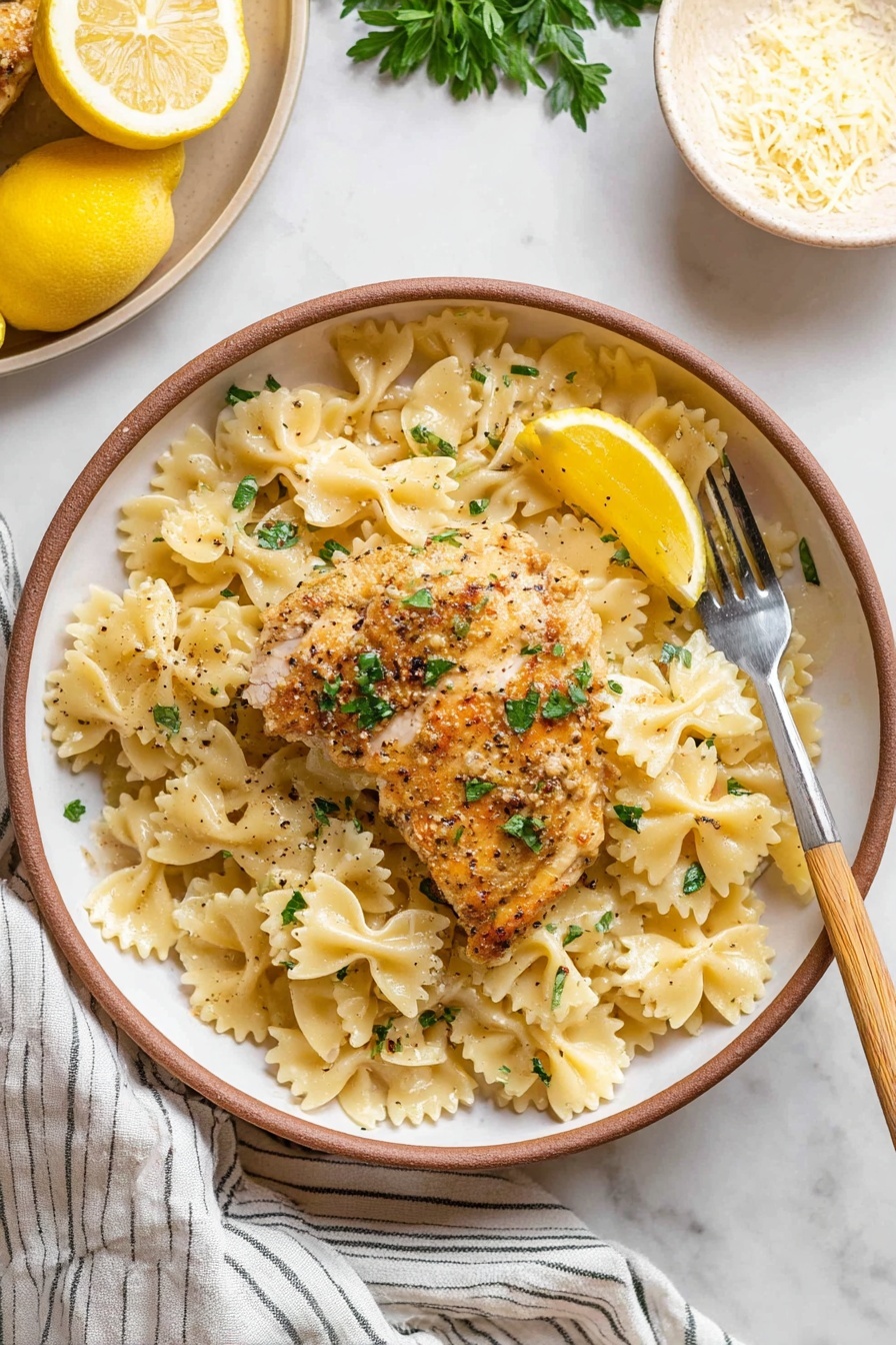 Lemon Chicken Pasta, lemon chicken pasta, lemon chicken pasta dinner, easy lemon chicken pasta, quick lemon chicken pasta recipe - A round white plate with a brown rim holds a serving of farfalle pasta layered evenly on the bottom, showing a light creamy-yellow color with a slight shine. On top of the pasta lies a golden-brown cooked chicken piece, slightly crisp on the outside, garnished with small green parsley leaves and black pepper flakes. A small lemon wedge sits on the chicken, adding a bright yellow contrast. A fork with a light wooden handle rests on the right side of the plate, tipped slightly into the pasta. The setting is on a white marbled surface with part of a striped cloth visible at the bottom, a beige plate holding a lemon and parsley partly seen in the top left, and a white bowl with grated cheese in the top right. photo taken with an iphone --ar 2:3 --v 7