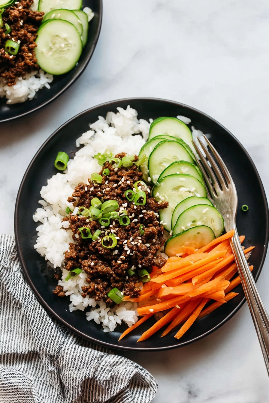 Korean Beef Bowl, Korean Beef Bowl recipe, quick Korean Beef Bowl, easy Korean Beef Bowl, savory Korean beef stir-fry - The image shows two black plates on a white marbled surface, each with a three-layered dish. The bottom layer is white rice with a soft, fluffy texture. On one side of the rice, there is a layer of cooked minced meat in a dark brown color, sprinkled with white sesame seeds and chopped green onions. On the other side, thin slices of pale green cucumber are arranged on top of bright orange carrot strips, both fresh and crunchy. A silver fork is placed on one plate with its handle extending outwards, resting on the edge. Part of a woman's hand holding a fork is visible near the top plate. A striped cloth napkin is placed to the right side of the frame. Photo taken with an iphone --ar 2:3 --v 7