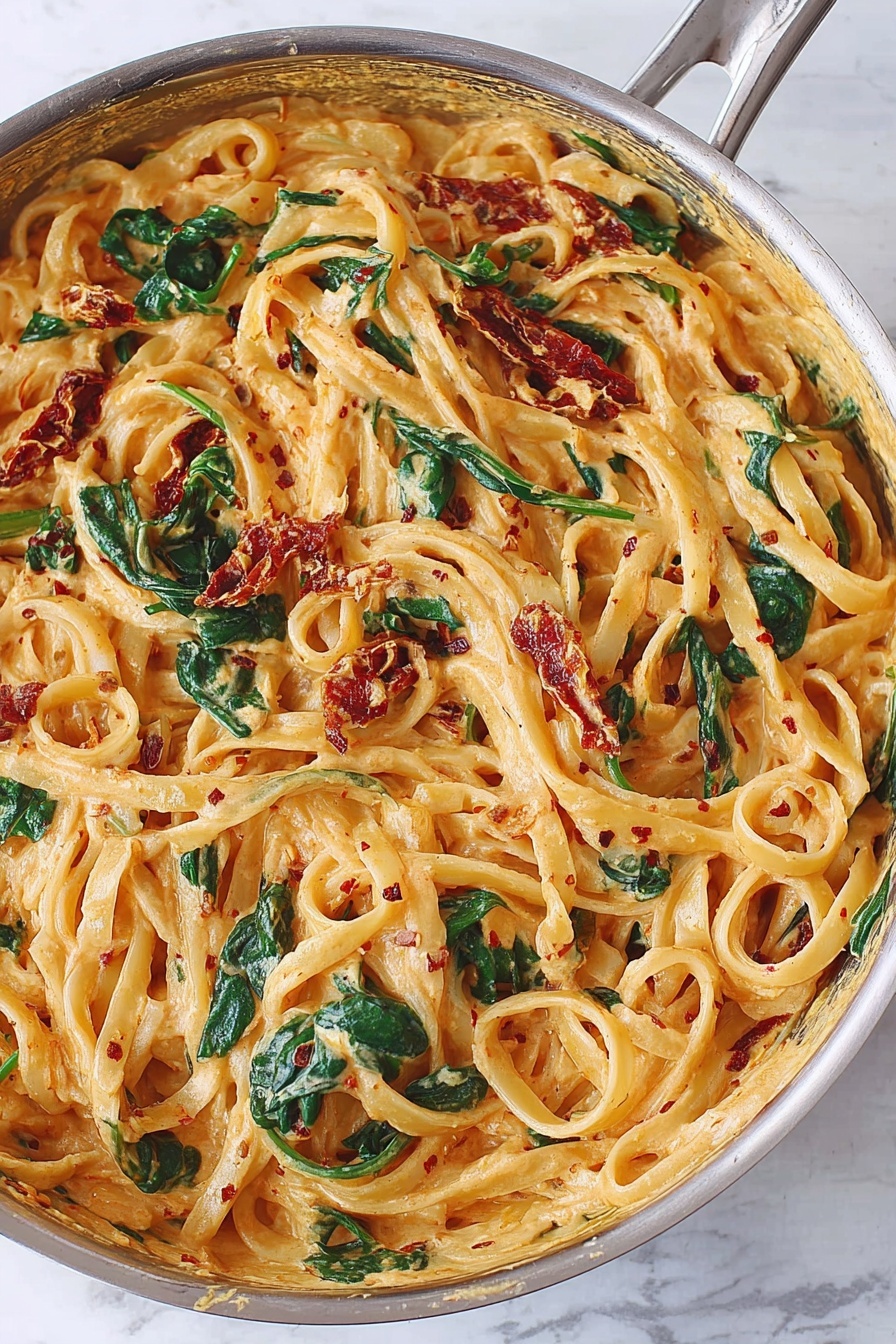 Creamy Sun-Dried Tomato Linguine, sun-dried tomato pasta recipe, easy creamy pasta with sun-dried tomatoes, quick Italian pasta dish, flavorful sun-dried tomato linguine - The image shows a close-up of a pan filled with creamy pasta. The pasta is long and flat, coated in a light orange creamy sauce mixed with green spinach leaves and pieces of sun-dried tomatoes. The sauce looks smooth and slightly thick, covering the pasta evenly. Small specks of red seasoning are sprinkled over the dish. The pan is silver and placed on a white marbled surface. photo taken with an iphone --ar 2:3 --v 7