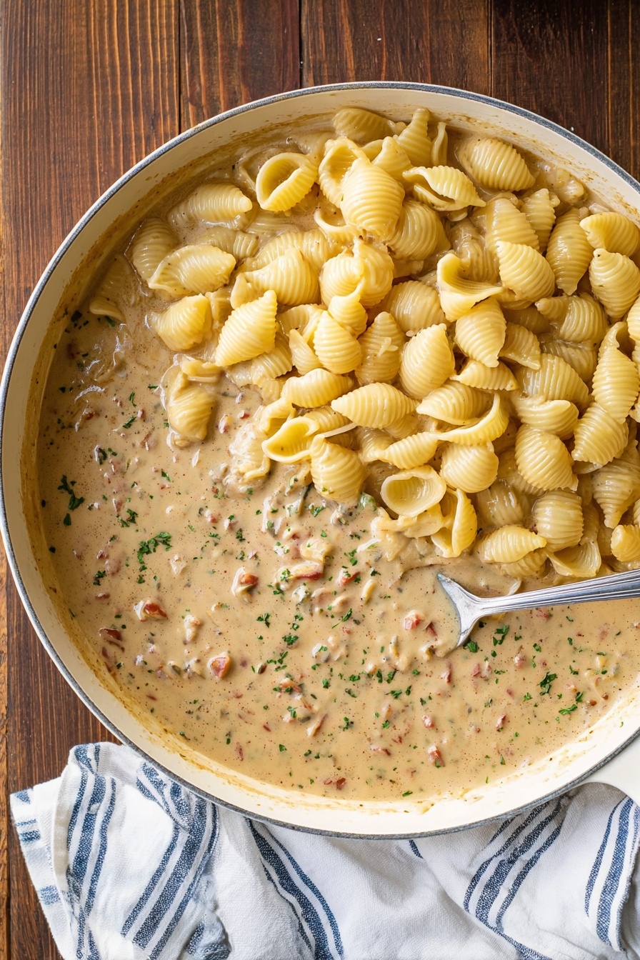 Creamy Beef Pasta Shells, easy beef pasta recipe, cheesy pasta dinner, quick beef pasta dish, comforting pasta recipes - A white pan on a wooden surface holds two layers: the bottom layer is a creamy, light brown sauce with visible small bits of herbs and tiny pieces of red, spread evenly; the top layer consists of a heap of pale yellow shell pasta sitting on the sauce, with a metallic spoon partially submerged on the right side. A white cloth with blue stripes lies beside the pan. photo taken with an iphone --ar 2:3 --v 7