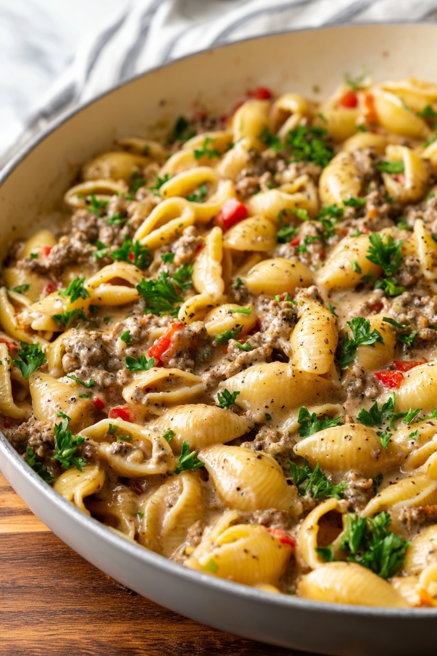 Creamy Beef Pasta Shells, easy beef pasta recipe, cheesy pasta dinner, quick beef pasta dish, comforting pasta recipes - A close-up view of a white pan filled with a hearty pasta dish consisting of tender shell pasta mixed with a creamy sauce that has visible ground meat and small red bell pepper pieces throughout. The dish is garnished with fresh green parsley leaves scattered over the top. The pasta shells are a soft yellow color, coated in the light brown creamy sauce with specks of black pepper and herbs. The pan is placed on a wooden surface with a white marbled textured background in soft focus behind it. photo taken with an iphone --ar 2:3 --v 7