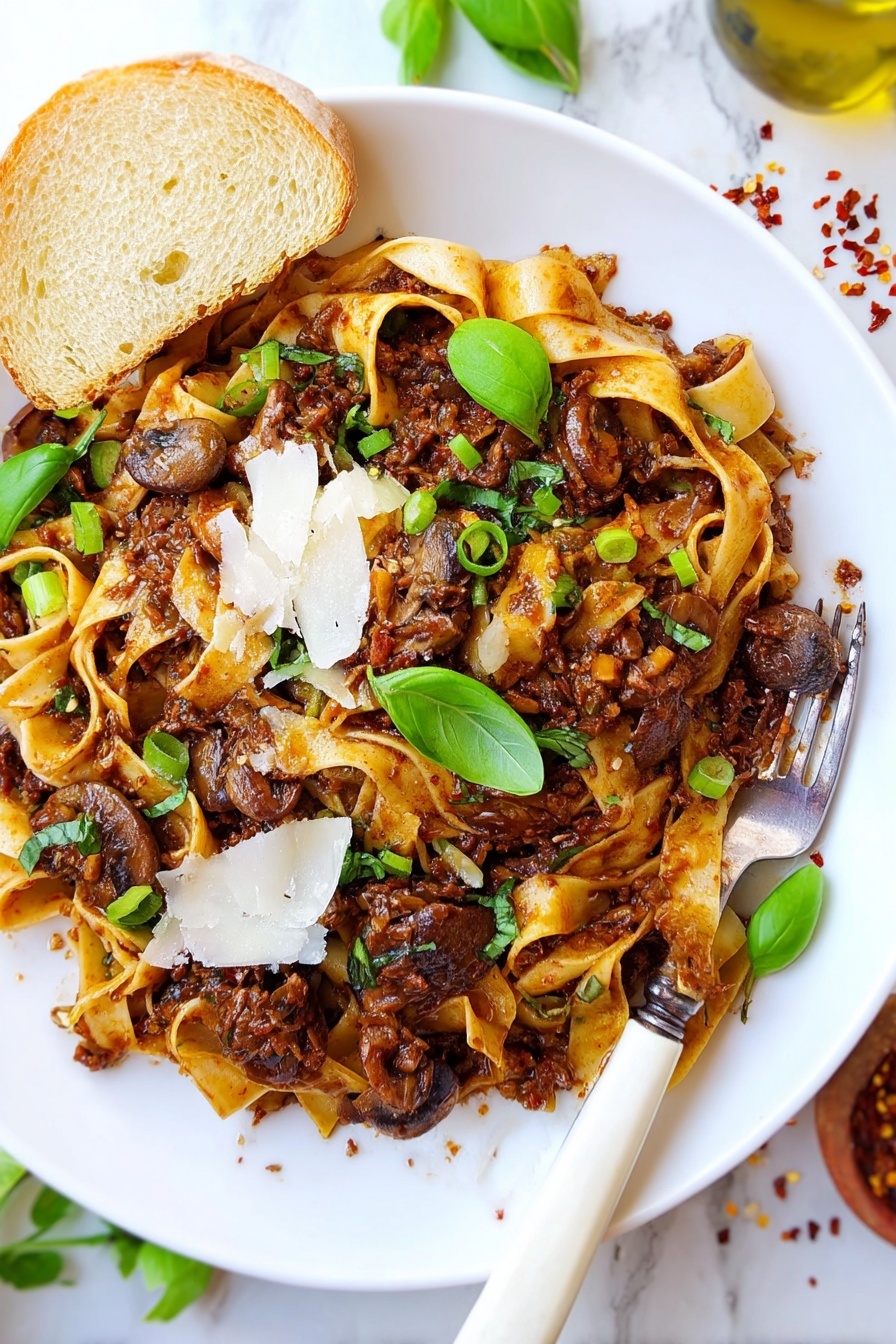 Creamy Mushroom Ragu with Pasta, mushroom pasta, hearty mushroom sauce, vegetarian pasta recipes, easy mushroom ragu - A white plate filled with wide, flat pasta noodles coated in a rich, dark meat sauce mixed with whole brown mushrooms scattered throughout. On top, there are fresh green basil leaves and small green onion pieces, along with white, thinly shaved cheese pieces. A slice of light golden bread rests on the edge of the plate. A silver fork with a white handle is partially placed under the pasta near the right side. The plate sits on a white marbled surface with some small red chili flakes sprinkled around. Photo taken with an iphone --ar 2:3 --v 7