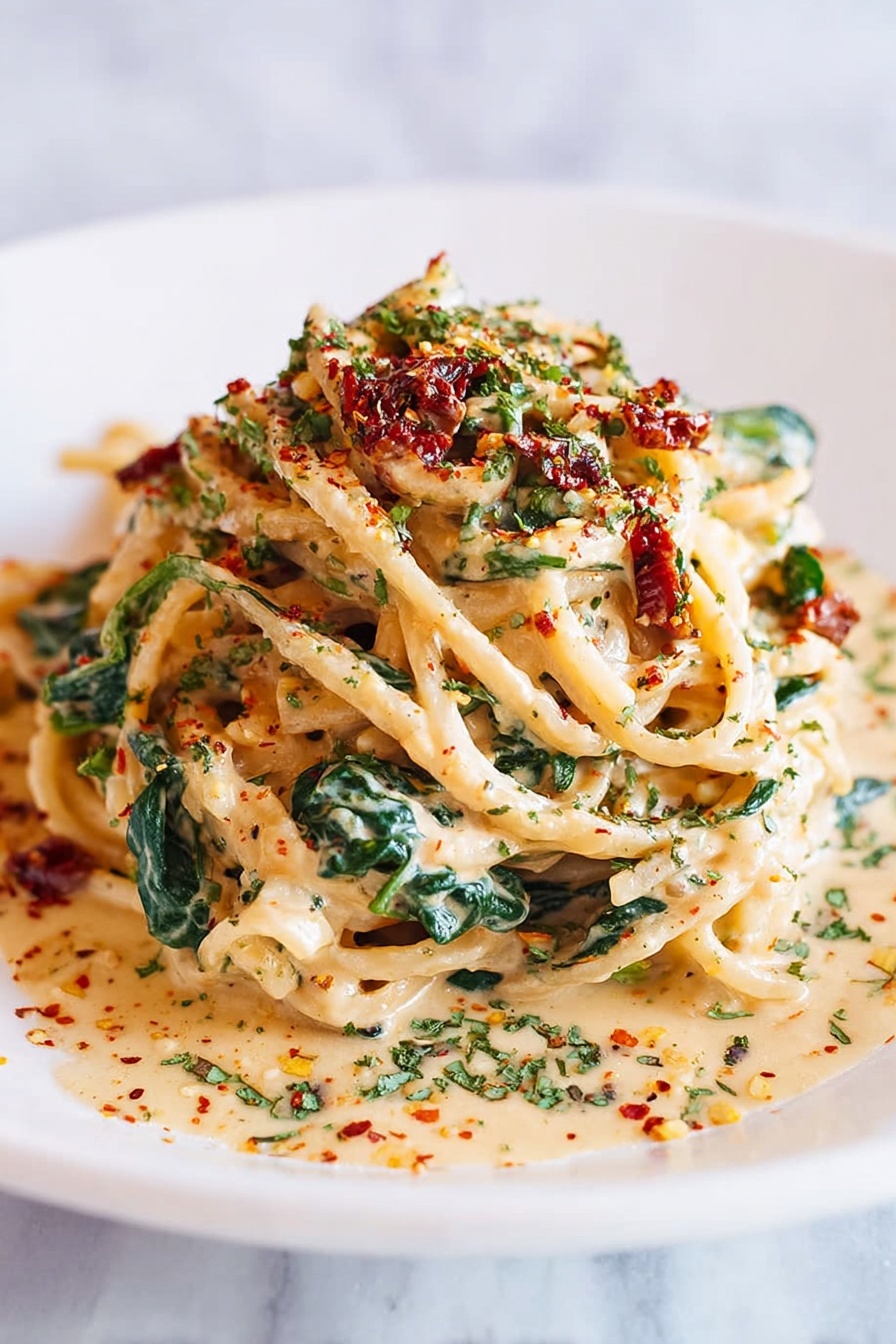 Creamy Sun-Dried Tomato Linguine, sun-dried tomato pasta recipe, easy creamy pasta with sun-dried tomatoes, quick Italian pasta dish, flavorful sun-dried tomato linguine - A large mound of creamy pasta sits in the center of a white plate, covered with thick noodles coated in a light beige sauce. Mixed throughout are dark green spinach leaves and small pieces of reddish-brown sun-dried tomatoes. The pasta is sprinkled with finely chopped herbs and red spices that add specks of green and red on top, giving the dish a textured look. The sauce pools slightly around the base of the pasta, making the edges look shiny and smooth. The white plate rests on a white marbled surface. Photo taken with an iphone --ar 2:3 --v 7