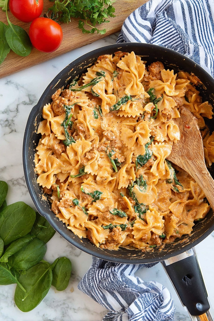 Marry Me Chicken Pasta, creamy chicken pasta recipes, easy weeknight chicken pasta, flavorful chicken pasta dishes, comforting pasta recipes - The dish shows a large black pan filled with a creamy pasta. The pasta is bowtie shaped, covered in a thick, light orange sauce mixed with small green spinach leaves. Pieces of cooked chicken are spread throughout the pasta. A wooden spoon is partially visible stirring the mixture inside the pan. The background has a white marbled texture with some small colorful details out of focus. Photo taken with an iphone --ar 2:3 --v 7