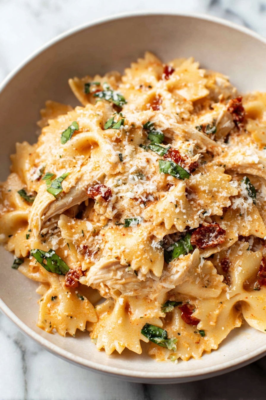 Marry Me Chicken Pasta, creamy chicken pasta recipes, easy weeknight chicken pasta, flavorful chicken pasta dishes, comforting pasta recipes - A white bowl filled with layered farfalle pasta coated in a creamy orange sauce. The pasta is interspersed with shredded white chicken pieces and small green basil leaves. There are bits of reddish sun-dried tomatoes scattered throughout, and the entire dish is topped with finely grated white cheese. The background and surface show a white marbled texture. photo taken with an iphone --ar 2:3 --v 7