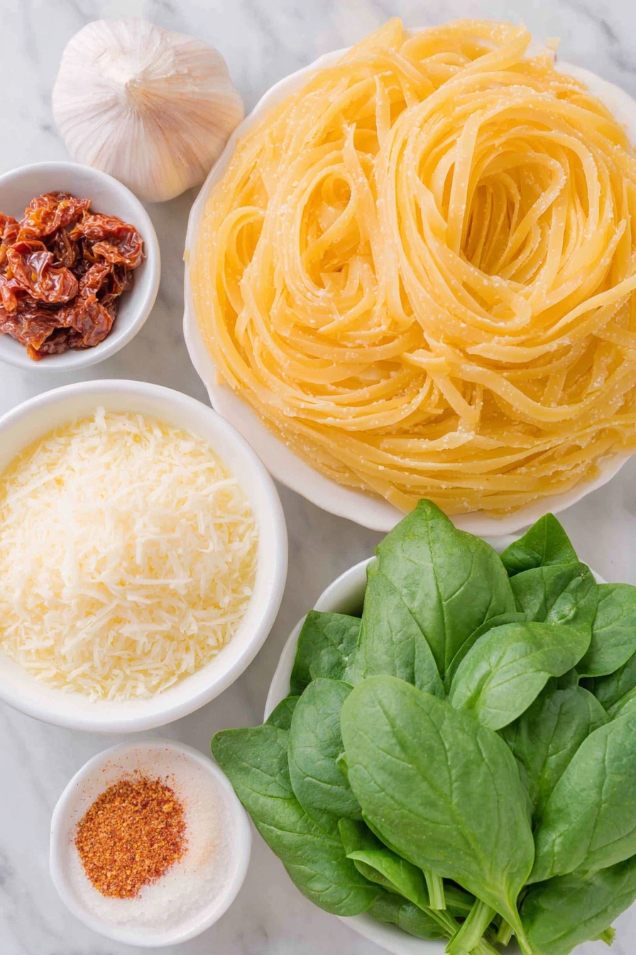 Creamy Sun-Dried Tomato Linguine, sun-dried tomato pasta recipe, easy creamy pasta with sun-dried tomatoes, quick Italian pasta dish, flavorful sun-dried tomato linguine - Flat lay of fresh linguine pasta nest, a small pile of chopped sun-dried tomatoes, three whole garlic cloves with papery skins, a small white bowl of creamy half-and-half, a modest mound of shredded Parmesan cheese, a pinch of paprika powder on the side, a small heap of vibrant fresh spinach leaves, and five bright green basil leaves finely chopped on a white ceramic plate, all arranged in perfect symmetry and balanced proportions, placed on a clean white marble surface, soft natural light, photo taken with an iPhone, professional food photography style, fresh ingredients, white ceramic bowls, no bottles, no duplicates, no utensils, no packaging --ar 2:3 --v 7 --p m7354615311229779997