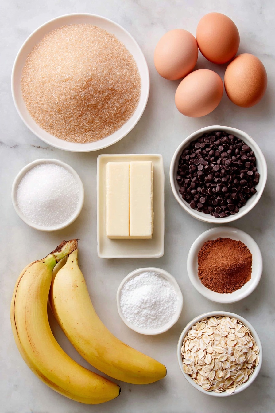 Chewy Banana Oatmeal Cookies, healthy banana oatmeal cookies, homemade banana cookies, oatmeal cookie recipes with bananas, easy banana oat cookies - Flat lay of a small stack of golden brown sugar crystals, a small mound of white granulated sugar, two whole uncracked brown eggs, two ripe yellow bananas with a few brown spots, a neatly wrapped stick of unsalted butter, a small white bowl of vanilla extract, a small pile of pale all-purpose flour, a pinch pile of baking soda powder, a tiny heap of fine salt, a small sprinkling of ground cinnamon with warm brown tones, a tiny heap of nutmeg powder, a small mound of old-fashioned rolled oats, and a small white bowl filled with semisweet chocolate chips, all arranged symmetrically on a simple white ceramic plate and bowls, placed on a clean white marble surface, soft natural light, photo taken with an iPhone, professional food photography style, fresh ingredients, white ceramic bowls, no bottles, no duplicates, no utensils, no packaging --ar 2:3 --v 7 --p m7354615311229779997