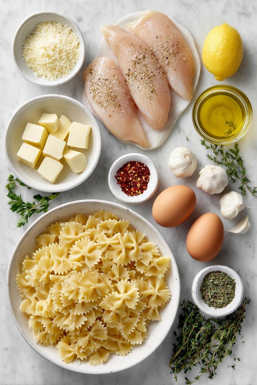 Lemon Chicken Pasta, lemon chicken pasta, lemon chicken pasta dinner, easy lemon chicken pasta, quick lemon chicken pasta recipe - Flat lay of thin linguine pasta nestled in a simple white ceramic bowl, four thin-sliced boneless skinless chicken breasts seasoned with coarse kosher salt, cracked fresh-ground black pepper, and lemon zest arranged neatly beside, a small white bowl filled with bright golden olive oil, another white bowl holding creamy pale butter cubes, three fresh garlic cloves peeled and whole, a tiny white bowl of vibrant red pepper flakes, a small white bowl containing clear white wine, another white bowl with light-colored chicken broth, a small white bowl with bright yellow lemon juice, a modest heap of fragrant Italian seasoning beside the bowls, finely grated Parmesan cheese heaped in a white ceramic bowl, two glossy whole brown eggs lying uncracked, fresh lemon wedges with bright yellow rinds, and sprigs of fresh green parsley and thyme perfectly placed—all ingredients fresh and natural, arranged symmetrically and balanced, placed on a clean white marble surface, soft natural light, photo taken with an iPhone, professional food photography style, fresh ingredients, white ceramic bowls, no bottles, no duplicates, no utensils, no packaging --ar 2:3 --v 7 --p m7354615311229779997