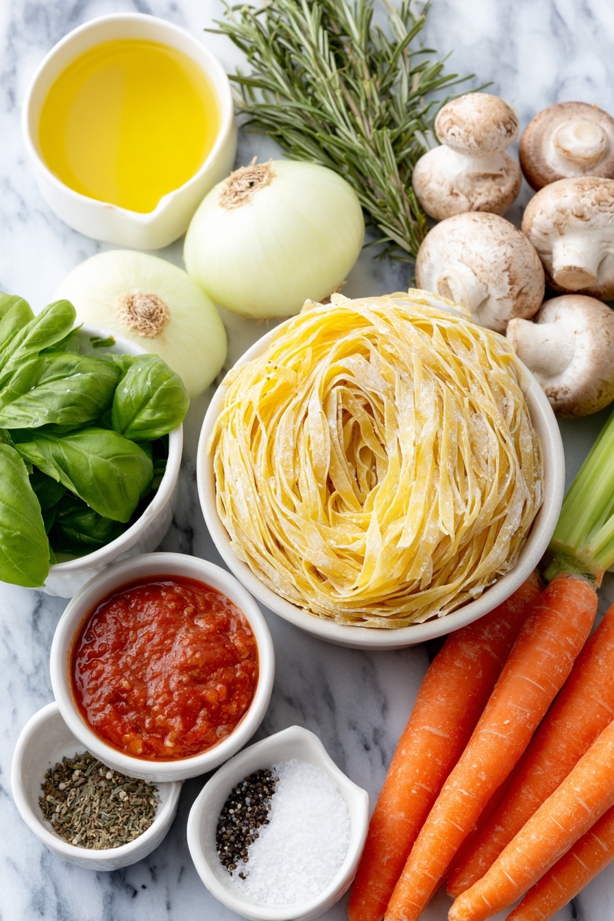 Creamy Mushroom Ragu with Pasta, mushroom pasta, hearty mushroom sauce, vegetarian pasta recipes, easy mushroom ragu - Flat lay of a small white ceramic bowl with golden extra virgin olive oil, a large peeled white onion cut in half, two medium bright orange carrots sliced, one large green celery stalk, three whole unpeeled garlic cloves, a small white bowl with dried rosemary, three fresh green bay leaves, a small white bowl with thick deep red tomato paste, a mix of whole fresh white button and brown cremini mushrooms, a small white bowl with coarse salt crystals, a tiny white bowl with freshly ground black pepper, a small white bowl with dark balsamic vinegar, ten fresh bright green basil leaves arranged neatly, a nest of fresh uncooked pale yellow fettuccine pasta, and a small pile of finely grated pale ivory parmesan cheese, all arranged symmetrically and balanced on a clean white marble surface, soft natural light, photo taken with an iPhone, professional food photography style, fresh ingredients, white ceramic bowls, no bottles, no duplicates, no utensils, no packaging --ar 2:3 --v 7 --p m7354615311229779997