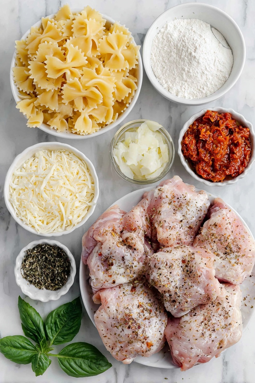 Marry Me Chicken Pasta, creamy chicken pasta recipes, easy weeknight chicken pasta, flavorful chicken pasta dishes, comforting pasta recipes - Flat lay of boneless skinless chicken thighs seasoned with smoked sweet paprika, Italian seasoning, salt, and black pepper, a small white ceramic bowl of sun dried tomato oil, uncooked farfalle pasta spread neatly, a small white ceramic bowl of butter, dried shallots scattered naturally, minced garlic piled gently, minced onion arranged delicately, a small white ceramic bowl of gluten free flour, a small white ceramic bowl of chicken broth, a small white ceramic bowl of heavy cream, shredded parmesan cheese mounded, diced sun dried tomatoes, a small white ceramic bowl of tomato paste, fresh diced spinach leaves, a small white ceramic bowl of Italian seasoning, a small white ceramic bowl of smoked sweet paprika, a small white ceramic bowl of salt, and fresh basil sprigs for garnish, all placed on a clean white marble surface, soft natural light, photo taken with an iPhone, professional food photography style, fresh ingredients, white ceramic bowls, no bottles, no duplicates, no utensils, no packaging --ar 2:3 --v 7 --p m7354615311229779997