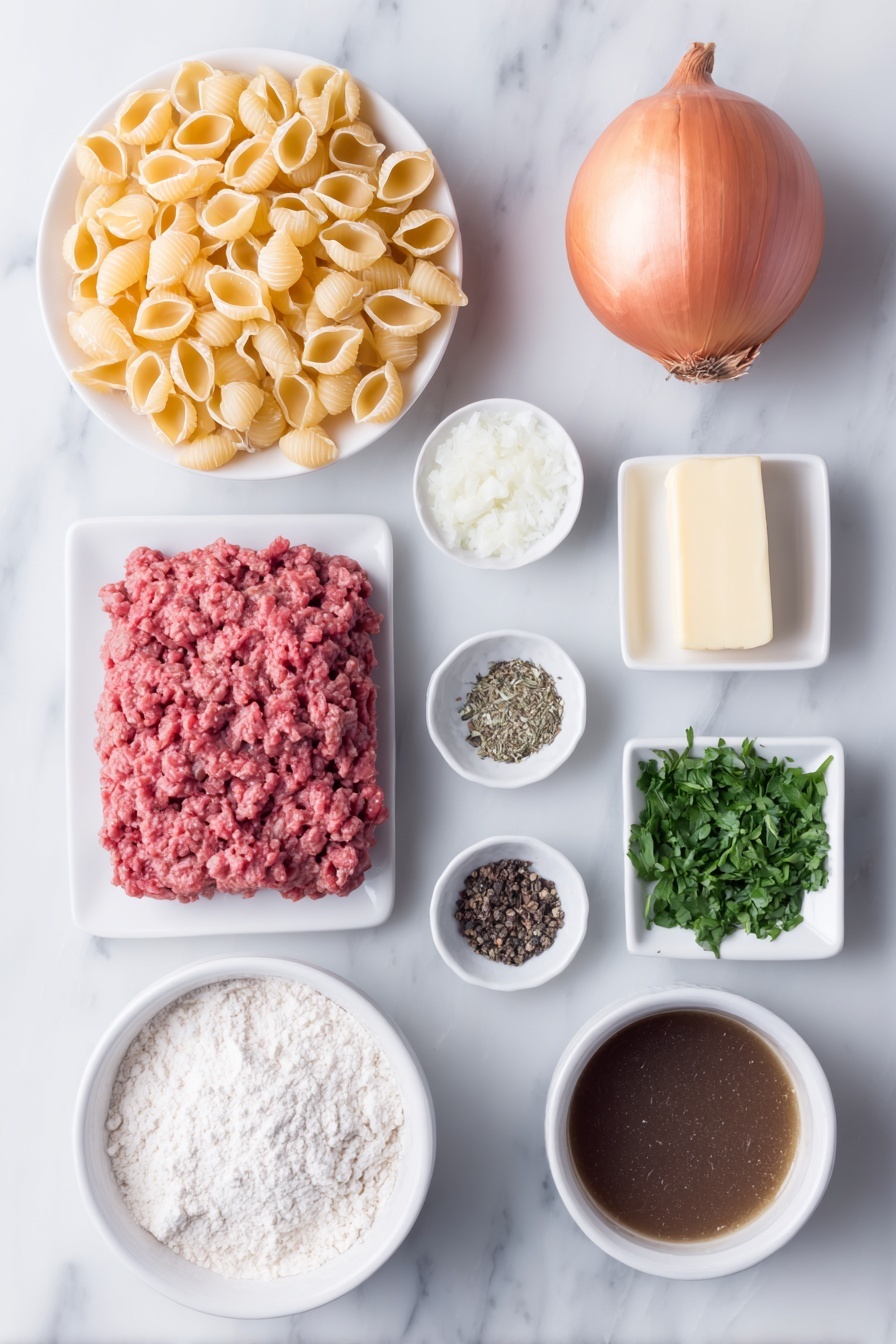 Creamy Beef Pasta Shells, easy beef pasta recipe, cheesy pasta dinner, quick beef pasta dish, comforting pasta recipes - Flat lay of uncooked medium pasta shells, fresh ground beef in a mound, a whole red bell pepper, a halved onion with visible layers, a small white bowl with minced garlic, a small white bowl containing dried Italian seasoning herbs, a small white bowl of coarse sea salt, a small white bowl of black peppercorns, a few pats of golden butter, a small white bowl filled with all-purpose flour, a small white bowl with rich beef broth, a small white bowl of thick sour cream, a small pile of mild cheddar cheese shreds, and a few sprigs of fresh chopped parsley, all arranged symmetrically on simple white ceramic plates and bowls, placed on a clean white marble surface, soft natural light, photo taken with an iPhone, professional food photography style, fresh ingredients, white ceramic bowls, no bottles, no duplicates, no utensils, no packaging --ar 2:3 --v 7 --p m7354615311229779997